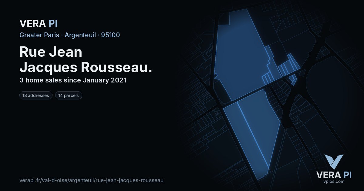 Rue Jean Jacques Rousseau, Argenteuil at night – every parcel coloured by the prices around it, the street's own parcels lit