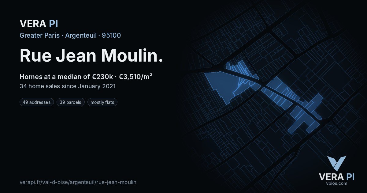 Rue Jean Moulin, Argenteuil at night – every parcel coloured by the prices around it, the street's own parcels lit
