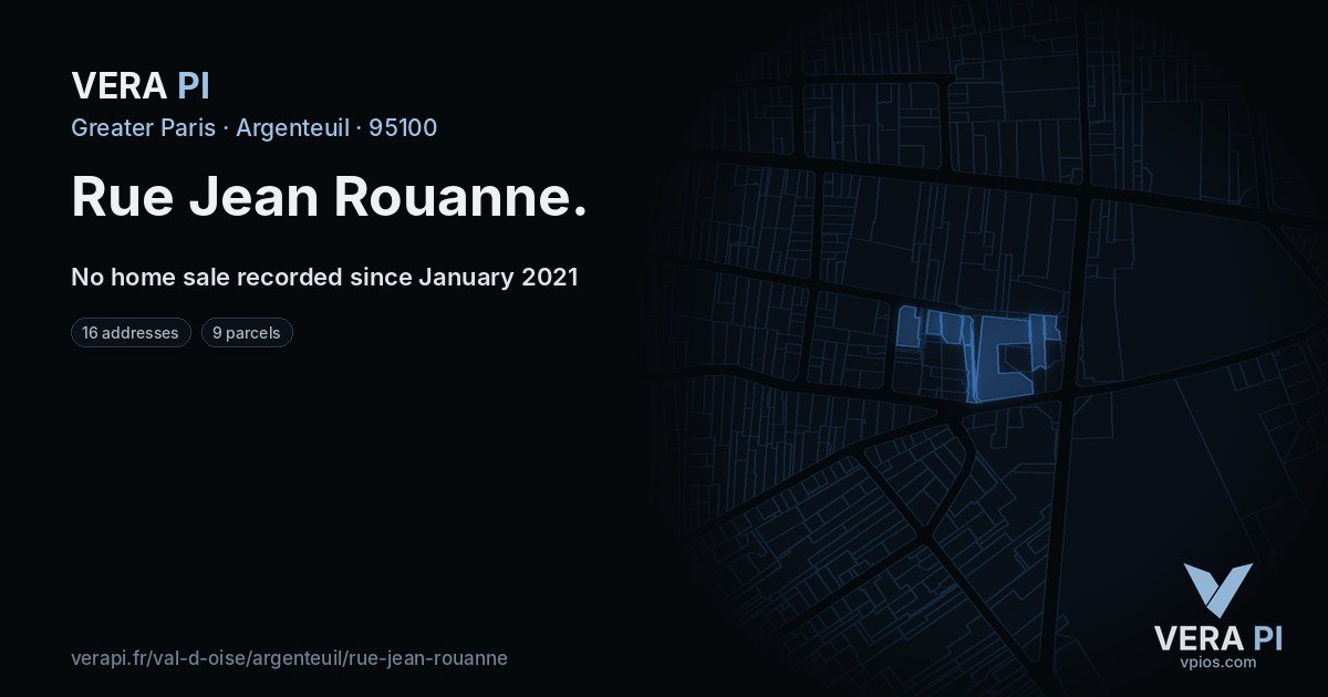 Rue Jean Rouanne, Argenteuil at night – every parcel coloured by the prices around it, the street's own parcels lit