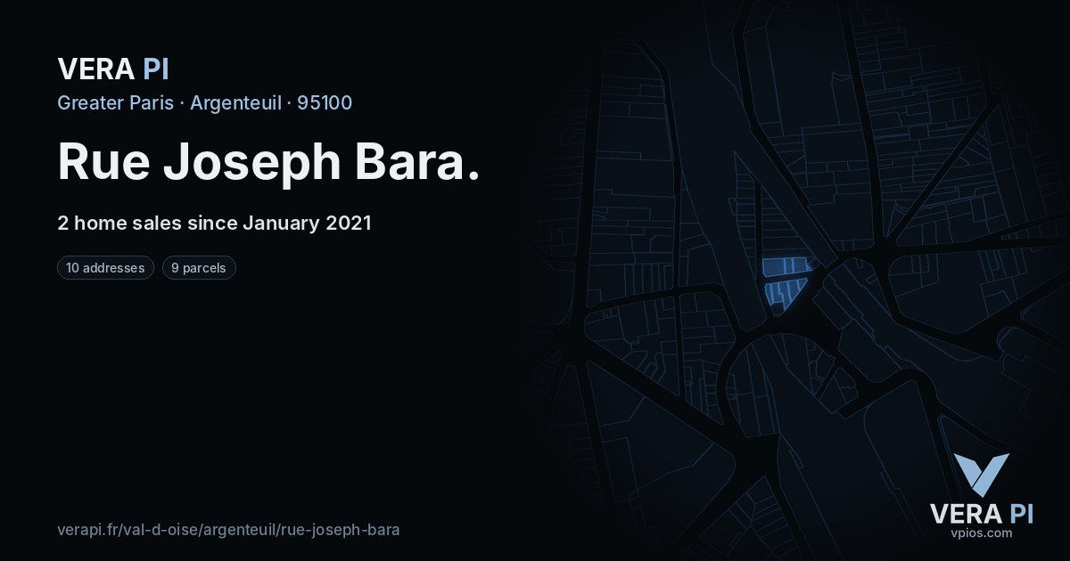 Rue Joseph Bara, Argenteuil at night – every parcel coloured by the prices around it, the street's own parcels lit