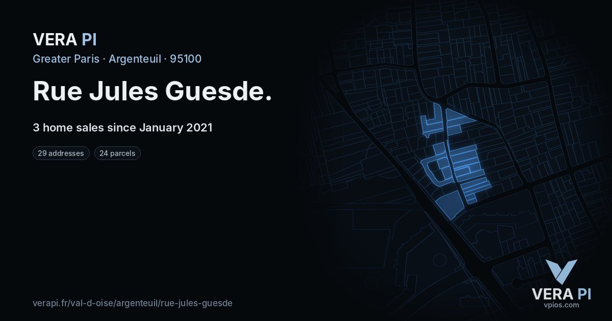 Rue Jules Guesde, Argenteuil at night – every parcel coloured by the prices around it, the street's own parcels lit