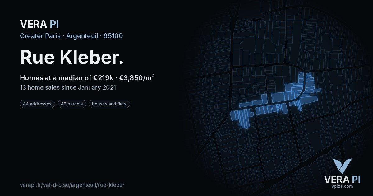 Rue Kleber, Argenteuil at night – every parcel coloured by the prices around it, the street's own parcels lit