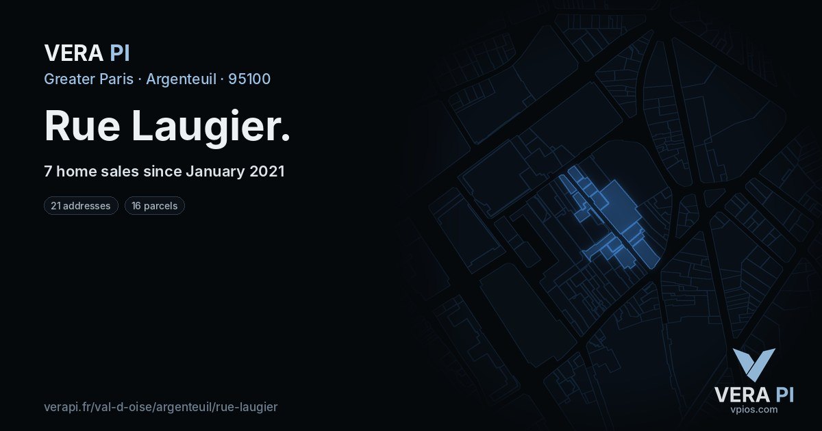 Rue Laugier, Argenteuil at night – every parcel coloured by the prices around it, the street's own parcels lit