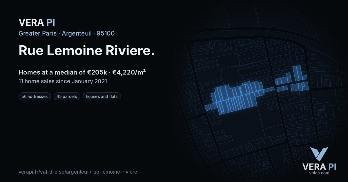 Rue Lemoine Riviere, Argenteuil at night – every parcel coloured by the prices around it, the street's own parcels lit