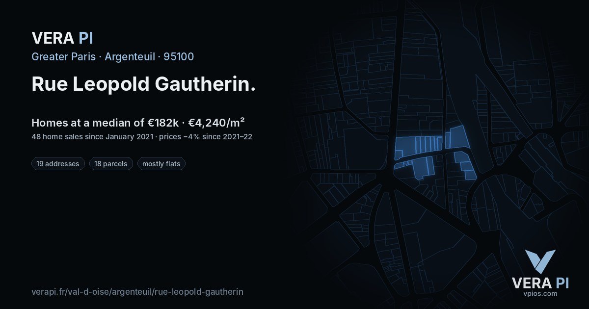 Rue Leopold Gautherin, Argenteuil at night – every parcel coloured by the prices around it, the street's own parcels lit