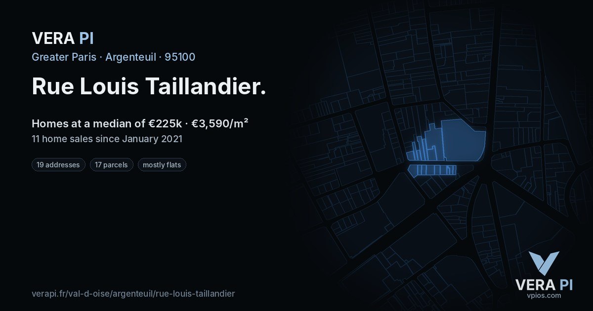 Rue Louis Taillandier, Argenteuil at night – every parcel coloured by the prices around it, the street's own parcels lit