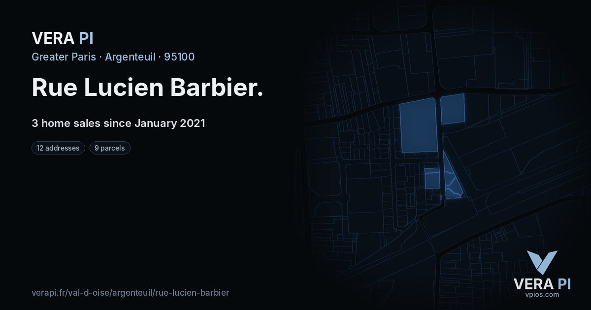 Rue Lucien Barbier, Argenteuil at night – every parcel coloured by the prices around it, the street's own parcels lit