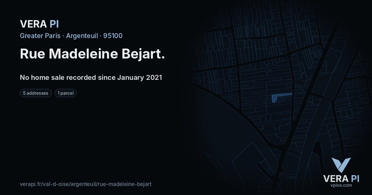 Rue Madeleine Bejart, Argenteuil at night – every parcel coloured by the prices around it, the street's own parcels lit