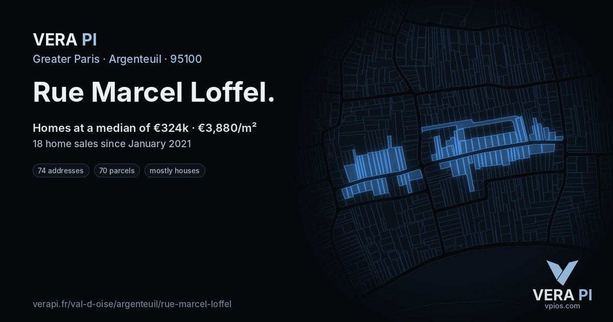 Rue Marcel Loffel, Argenteuil at night – every parcel coloured by the prices around it, the street's own parcels lit