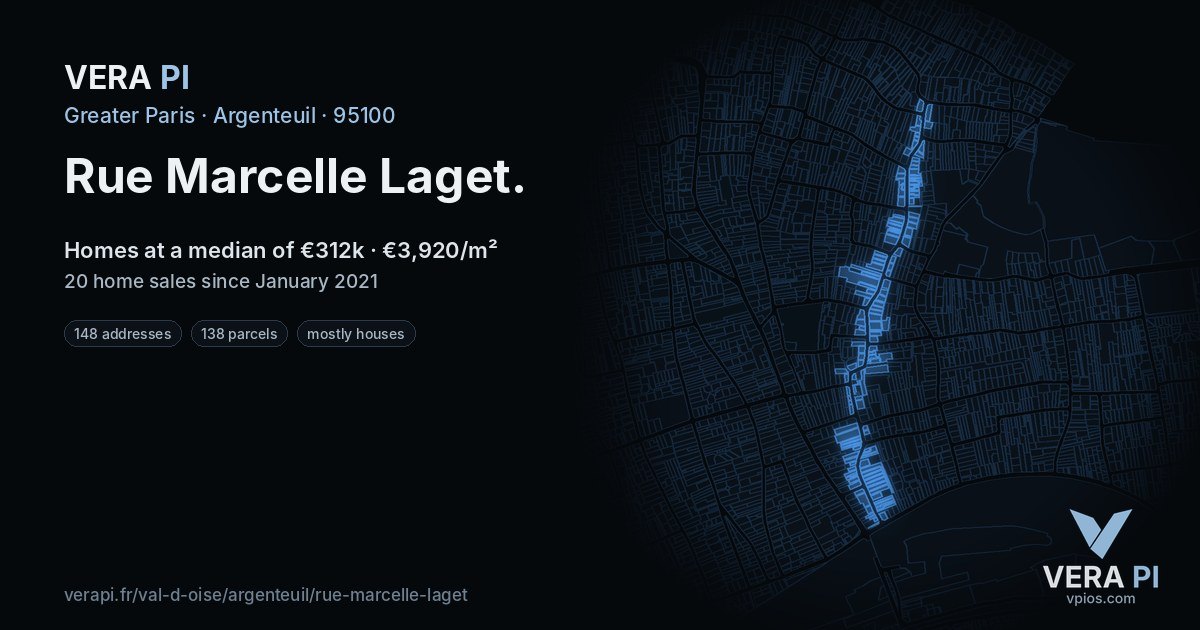 Rue Marcelle Laget, Argenteuil at night – every parcel coloured by the prices around it, the street's own parcels lit