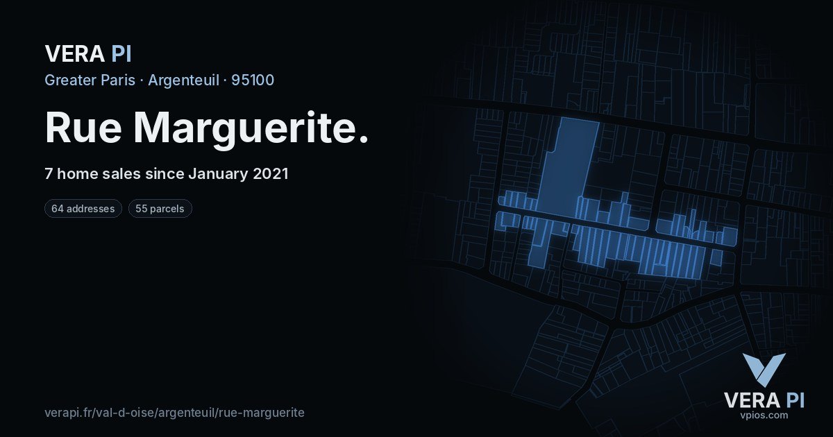 Rue Marguerite, Argenteuil at night – every parcel coloured by the prices around it, the street's own parcels lit