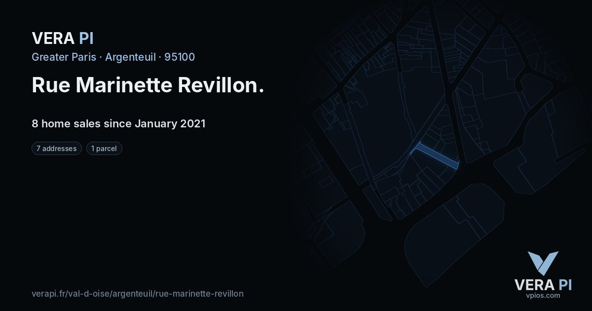 Rue Marinette Revillon, Argenteuil at night – every parcel coloured by the prices around it, the street's own parcels lit