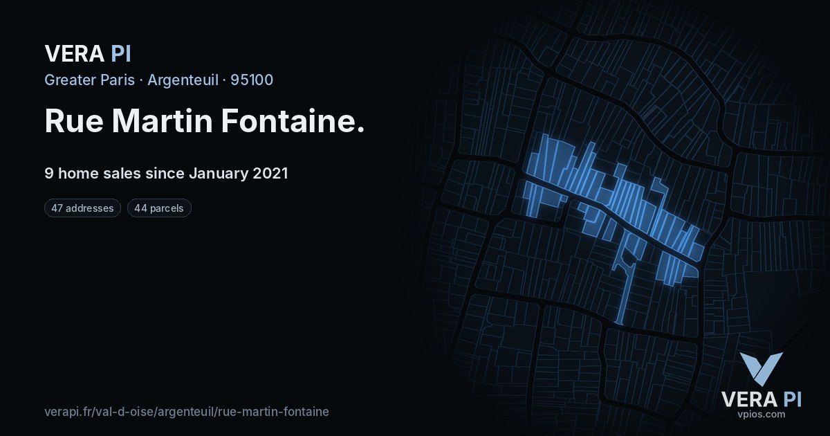 Rue Martin Fontaine, Argenteuil at night – every parcel coloured by the prices around it, the street's own parcels lit