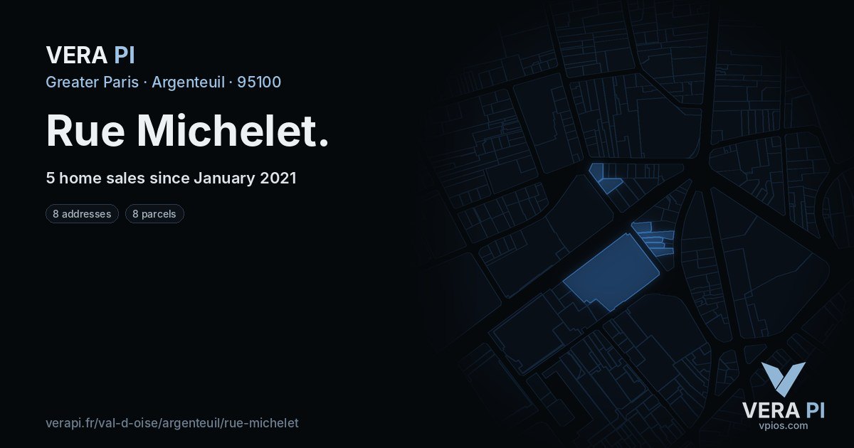 Rue Michelet, Argenteuil at night – every parcel coloured by the prices around it, the street's own parcels lit