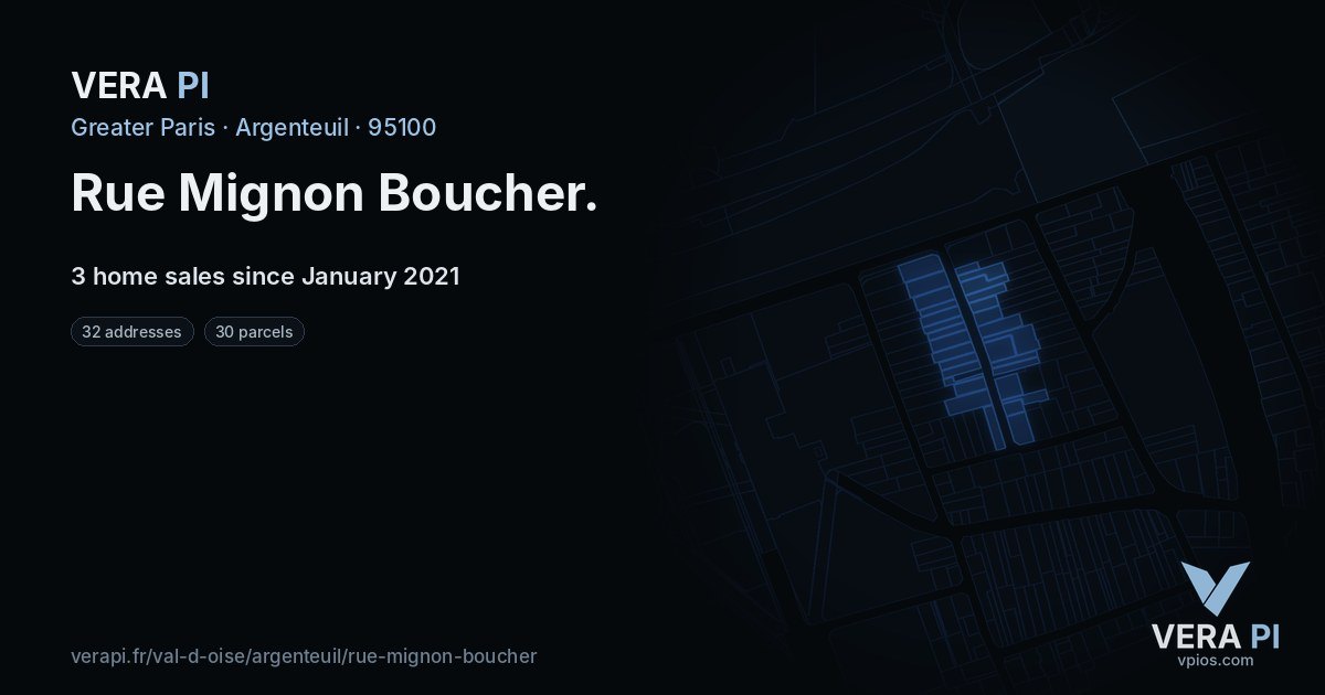 Rue Mignon Boucher, Argenteuil at night – every parcel coloured by the prices around it, the street's own parcels lit