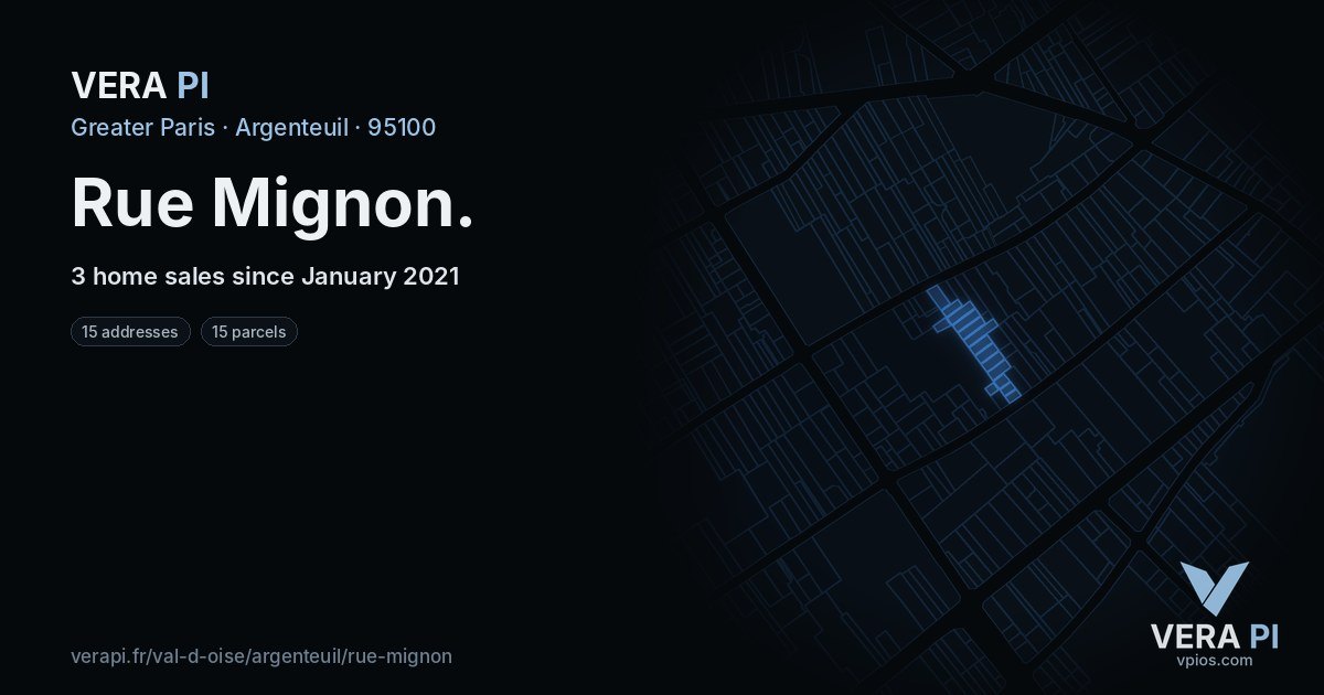 Rue Mignon, Argenteuil at night – every parcel coloured by the prices around it, the street's own parcels lit