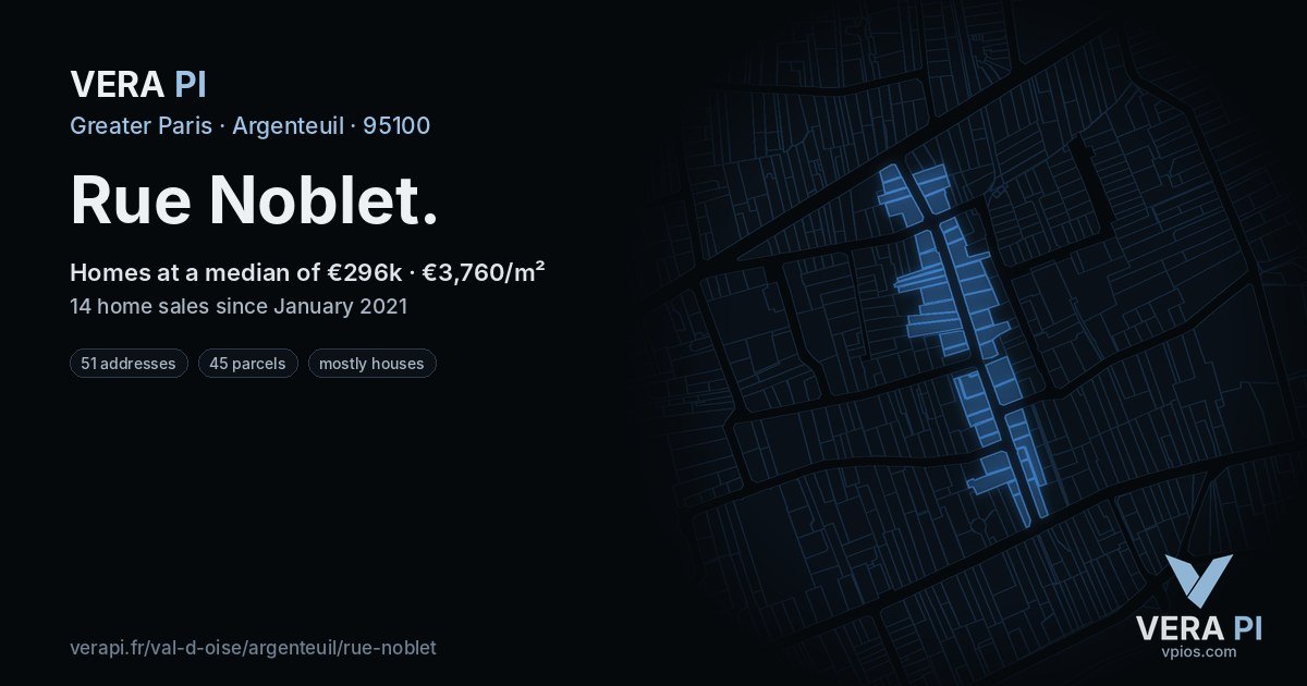 Rue Noblet, Argenteuil at night – every parcel coloured by the prices around it, the street's own parcels lit