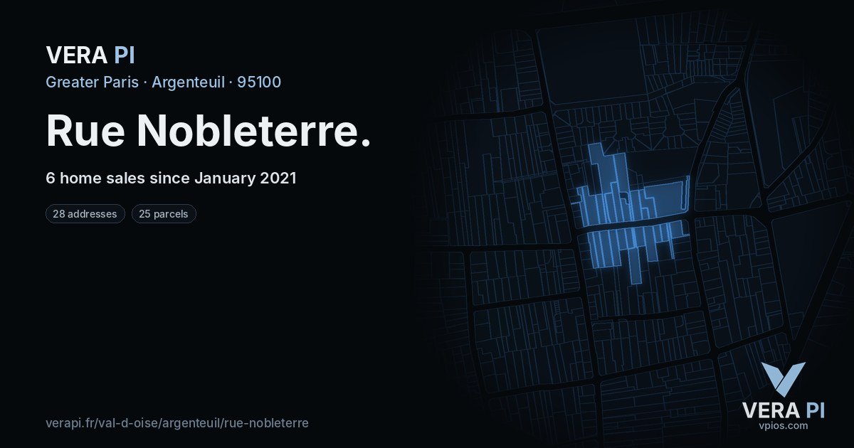 Rue Nobleterre, Argenteuil at night – every parcel coloured by the prices around it, the street's own parcels lit