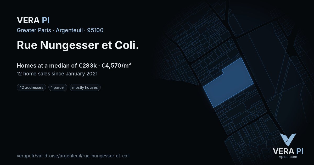 Rue Nungesser et Coli, Argenteuil at night – every parcel coloured by the prices around it, the street's own parcels lit