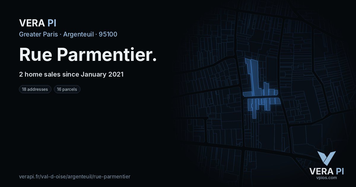 Rue Parmentier, Argenteuil at night – every parcel coloured by the prices around it, the street's own parcels lit