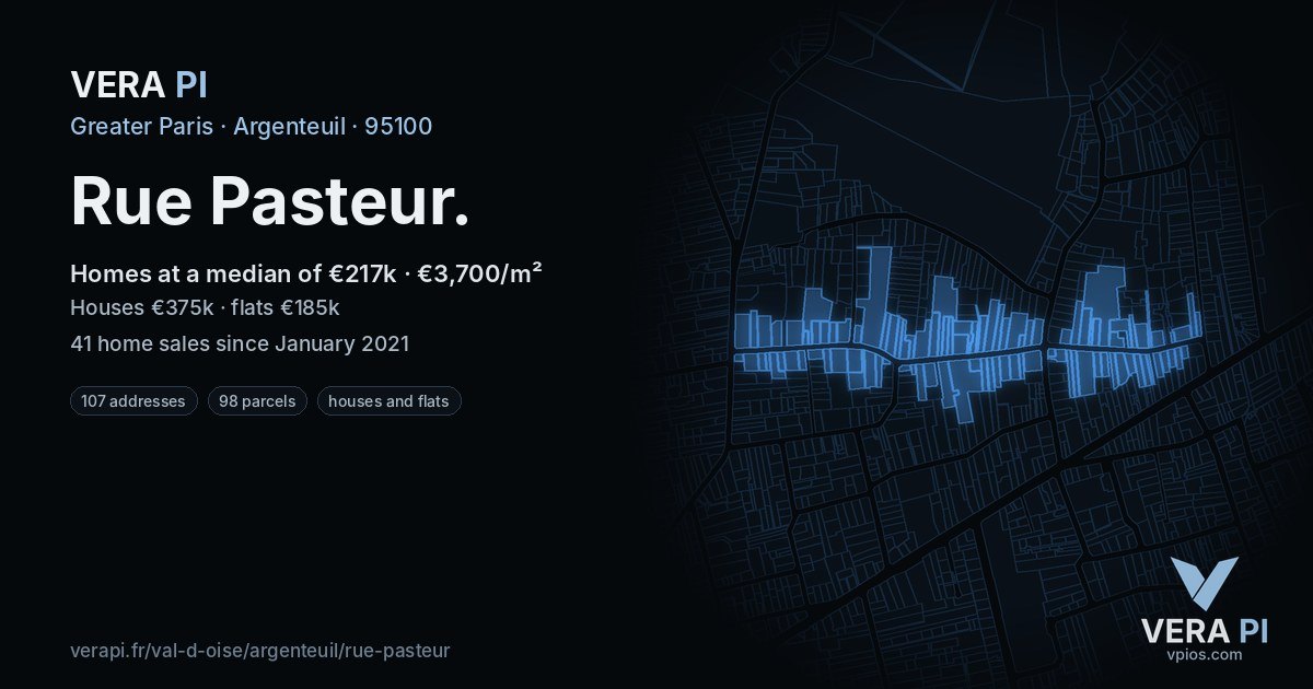 Rue Pasteur, Argenteuil at night – every parcel coloured by the prices around it, the street's own parcels lit
