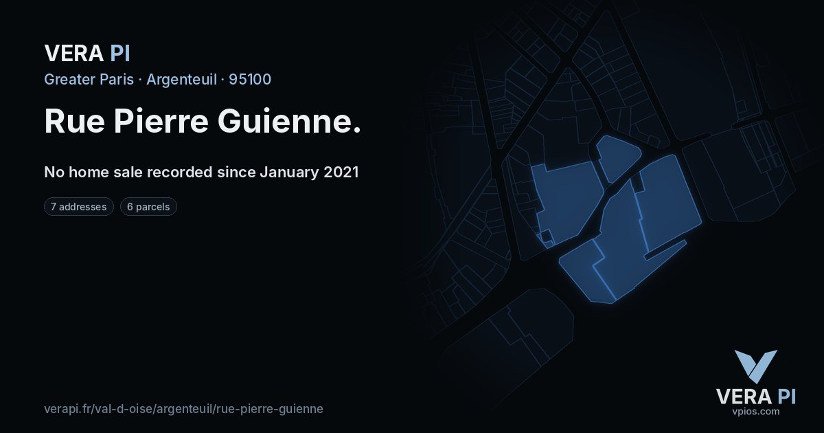 Rue Pierre Guienne, Argenteuil at night – every parcel coloured by the prices around it, the street's own parcels lit