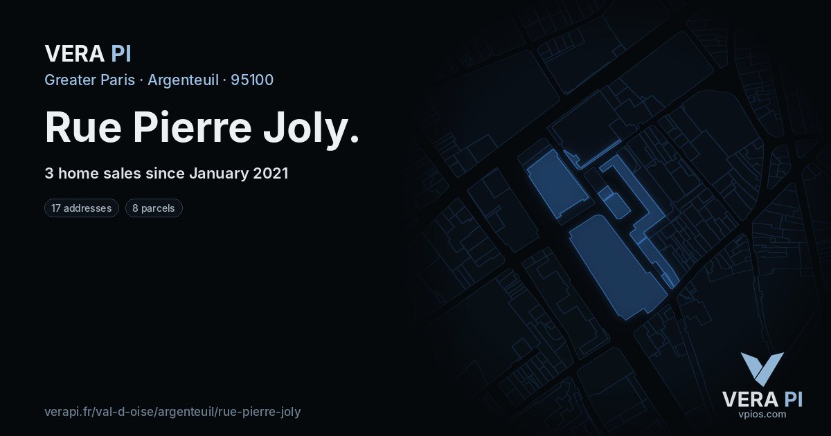 Rue Pierre Joly, Argenteuil at night – every parcel coloured by the prices around it, the street's own parcels lit
