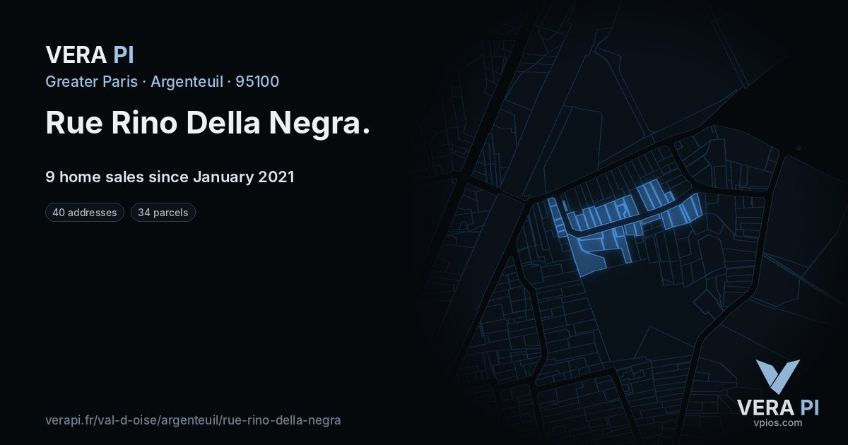 Rue Rino Della Negra, Argenteuil at night – every parcel coloured by the prices around it, the street's own parcels lit
