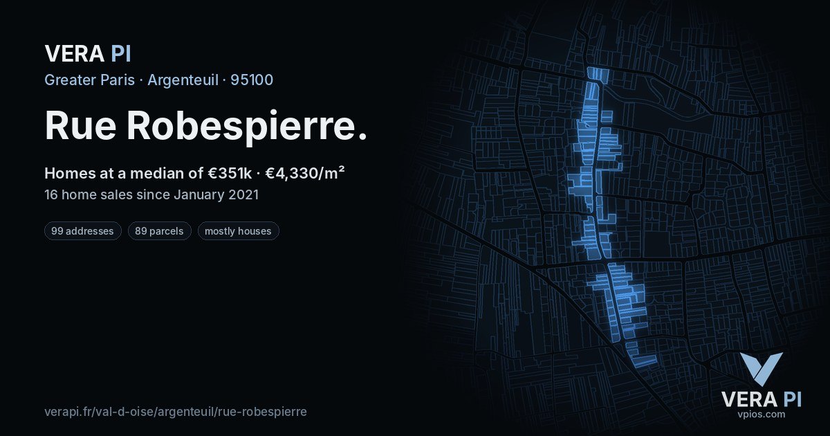 Rue Robespierre, Argenteuil at night – every parcel coloured by the prices around it, the street's own parcels lit