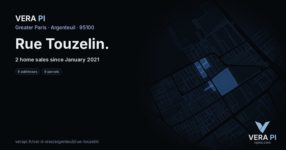Rue Touzelin, Argenteuil at night – every parcel coloured by the prices around it, the street's own parcels lit