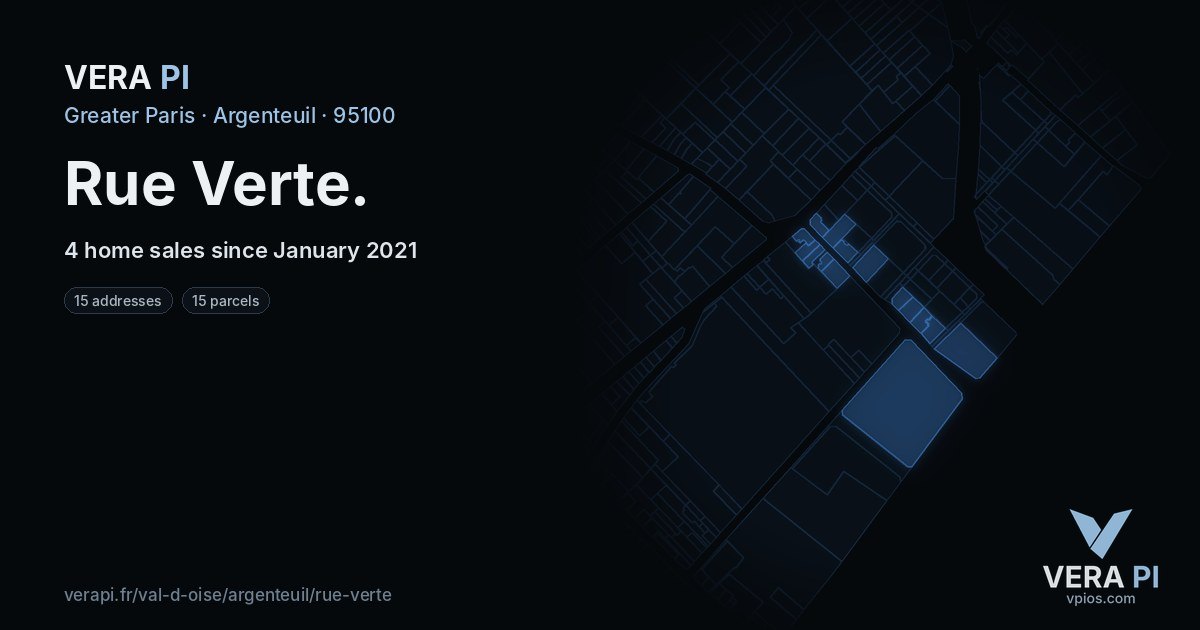 Rue Verte, Argenteuil at night – every parcel coloured by the prices around it, the street's own parcels lit