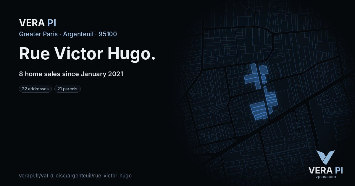 Rue Victor Hugo, Argenteuil at night – every parcel coloured by the prices around it, the street's own parcels lit
