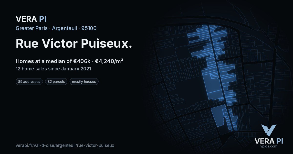 Rue Victor Puiseux, Argenteuil at night – every parcel coloured by the prices around it, the street's own parcels lit