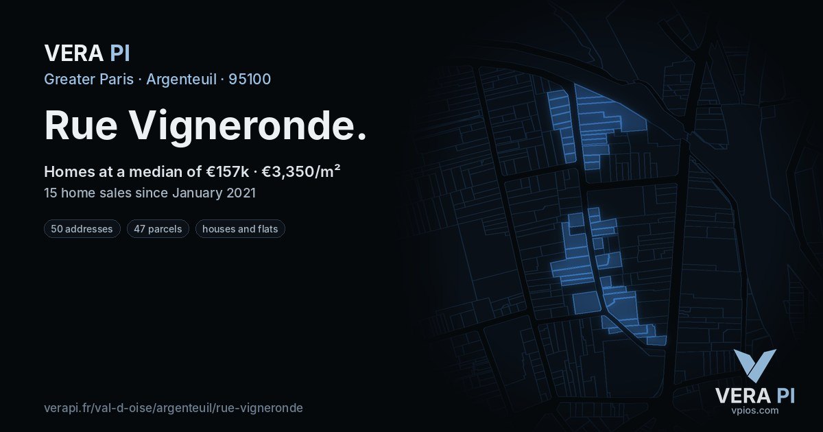 Rue Vigneronde, Argenteuil at night – every parcel coloured by the prices around it, the street's own parcels lit