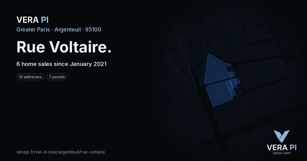 Rue Voltaire, Argenteuil at night – every parcel coloured by the prices around it, the street's own parcels lit