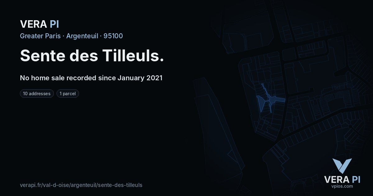 Sente des Tilleuls, Argenteuil at night – every parcel coloured by the prices around it, the street's own parcels lit