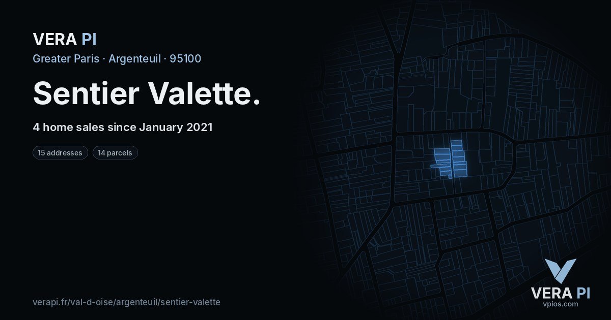 Sentier Valette, Argenteuil at night – every parcel coloured by the prices around it, the street's own parcels lit
