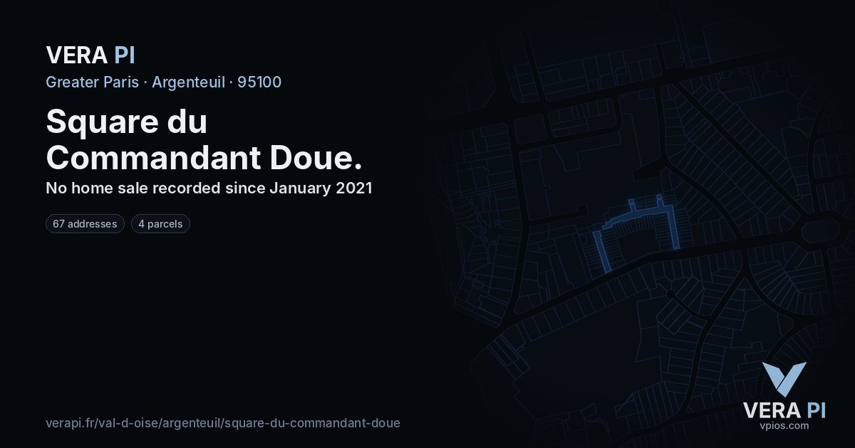 Square du Commandant Doue, Argenteuil at night – every parcel coloured by the prices around it, the street's own parcels lit