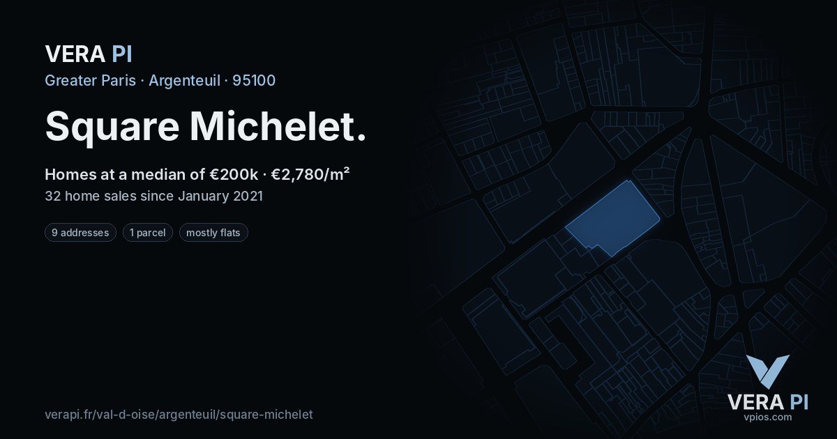 Square Michelet, Argenteuil at night – every parcel coloured by the prices around it, the street's own parcels lit