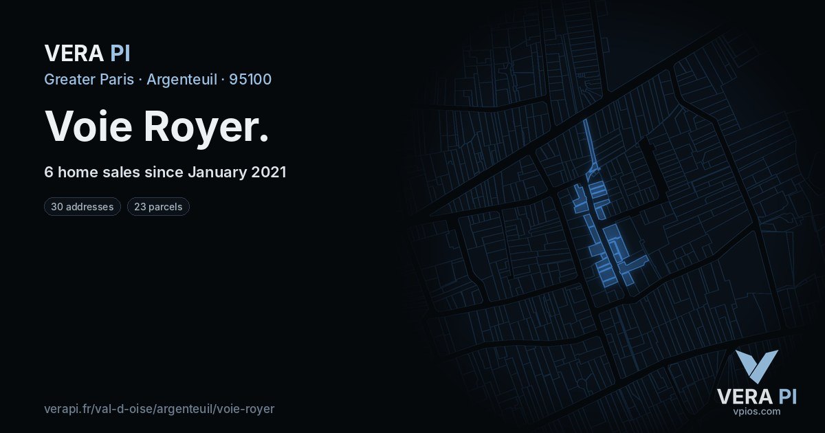 Voie Royer, Argenteuil at night – every parcel coloured by the prices around it, the street's own parcels lit