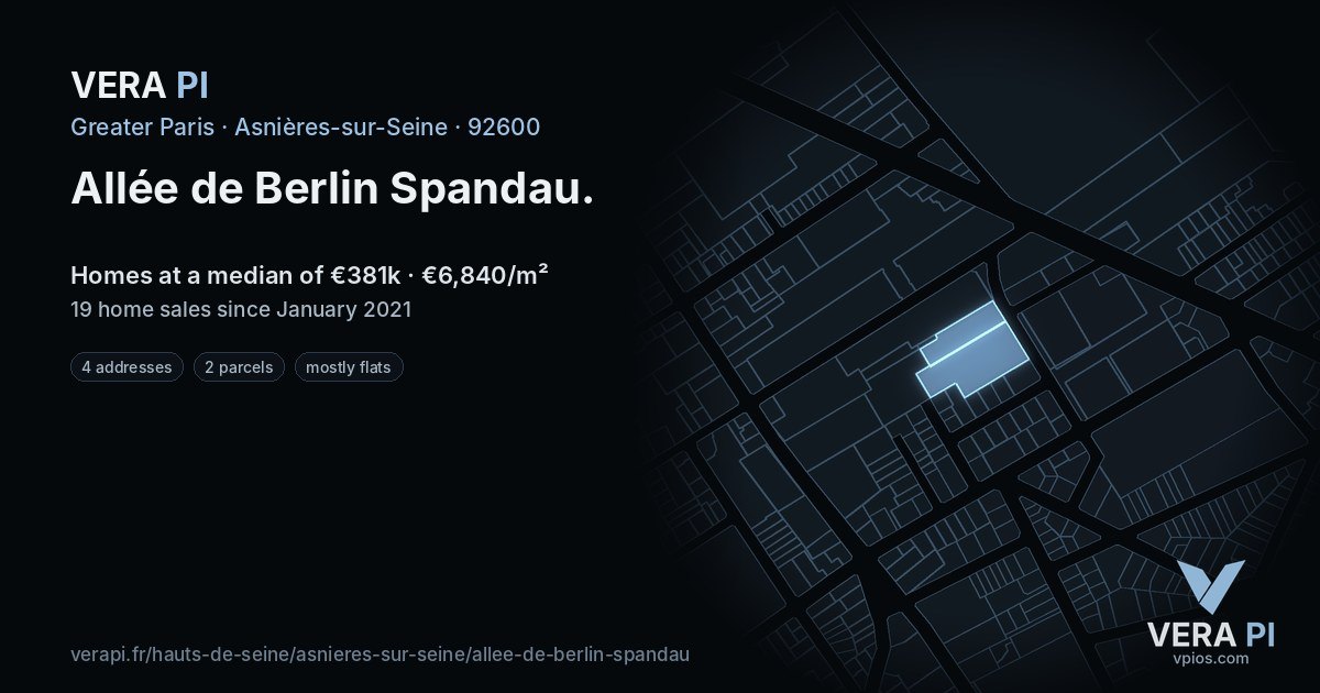 Allée de Berlin Spandau, Asnières-sur-Seine at night – every parcel coloured by the prices around it, the street's own parcels lit