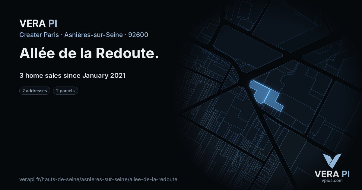 Allée de la Redoute, Asnières-sur-Seine at night – every parcel coloured by the prices around it, the street's own parcels lit