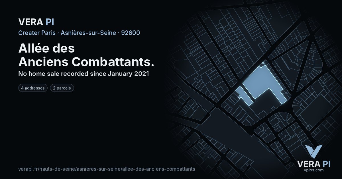 Allée des Anciens Combattants, Asnières-sur-Seine at night – every parcel coloured by the prices around it, the street's own parcels lit