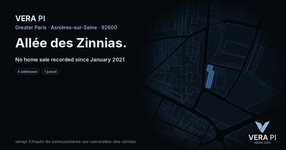 Allée des Zinnias, Asnières-sur-Seine at night – every parcel coloured by the prices around it, the street's own parcels lit