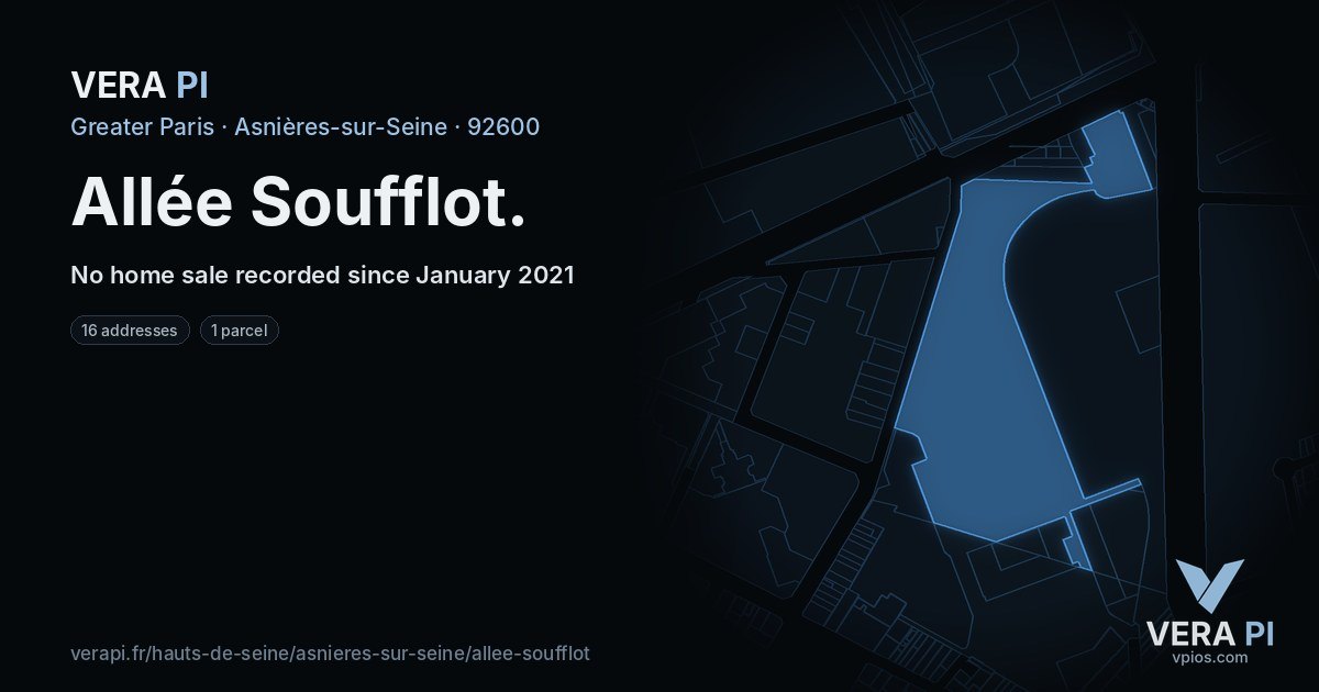 Allée Soufflot, Asnières-sur-Seine at night – every parcel coloured by the prices around it, the street's own parcels lit