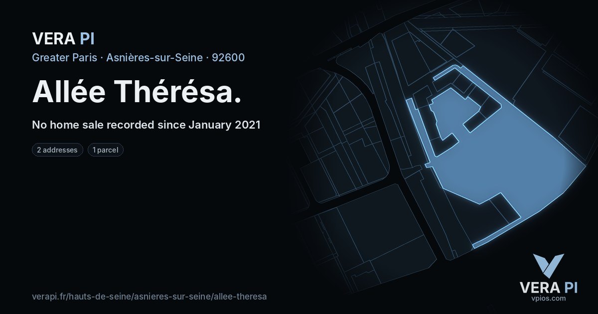 Allée Thérésa, Asnières-sur-Seine at night – every parcel coloured by the prices around it, the street's own parcels lit
