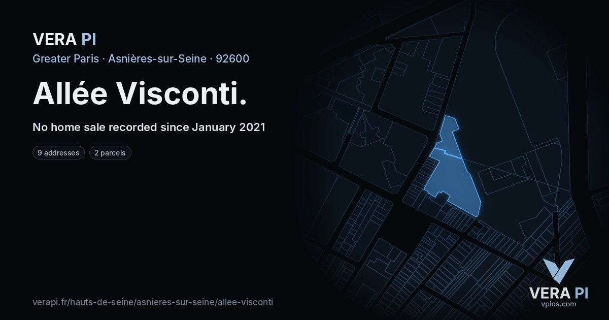 Allée Visconti, Asnières-sur-Seine at night – every parcel coloured by the prices around it, the street's own parcels lit