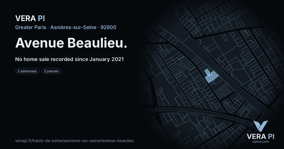 Avenue Beaulieu, Asnières-sur-Seine at night – every parcel coloured by the prices around it, the street's own parcels lit