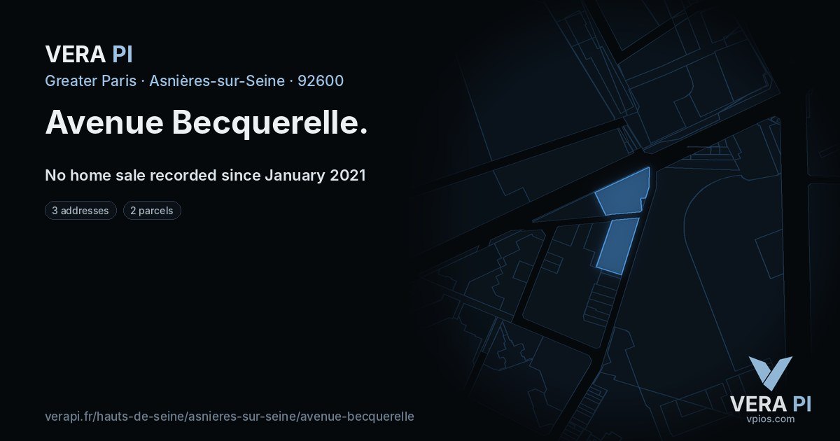 Avenue Becquerelle, Asnières-sur-Seine at night – every parcel coloured by the prices around it, the street's own parcels lit