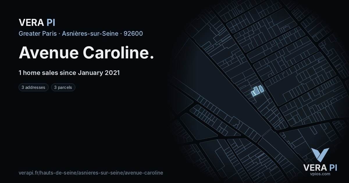 Avenue Caroline, Asnières-sur-Seine at night – every parcel coloured by the prices around it, the street's own parcels lit